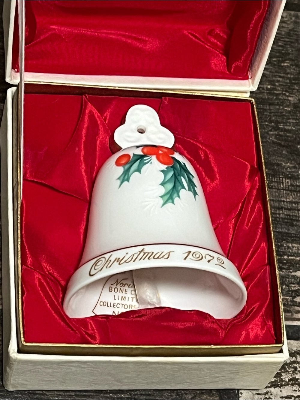 Noritake White Porcelain Bell Ornament with Holly and Gold Script